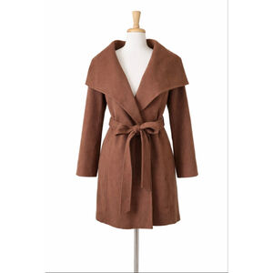Tahari Belted Wool Blend Wrap Coat Brown Shawl Collar Size M